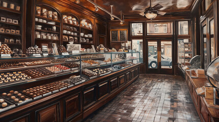 Artistic rendering of an old-fashioned chocolate shop's cozy interior, with handcrafted treats on display
