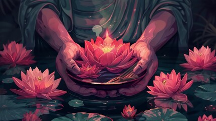 Hands offering a plate of lotus flowers, symbolizing devotion, respect, Vesak celebration ritual, and Zen. Digital Illustration. AI Generated