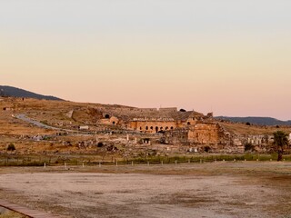 Closeup of Pamukkale Travertines and Hierapolis Ancient City on a sunny day