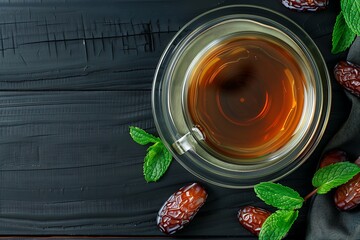 Tea cup glass, dates and mint leaf on black wooden background.