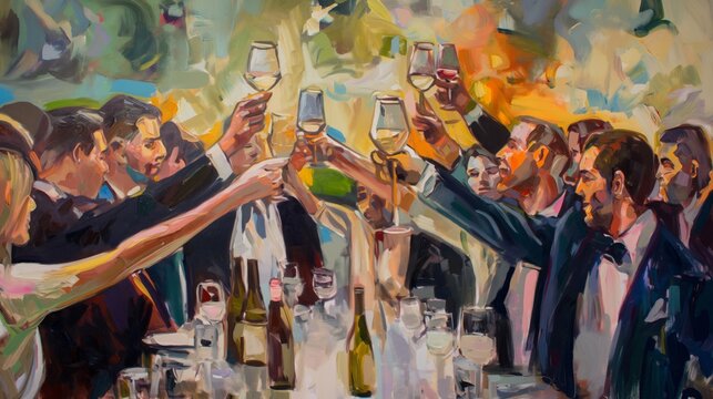 Professionals raising wine glasses in celebration toast while surrounded by vibrant group of colleagues at a successful gathering event