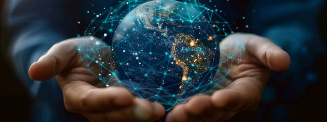 A pair of hands holding a digital globe protected by a GenAI-powered cybersecurity shield, symbolizing global cyber defense. - obrazy, fototapety, plakaty