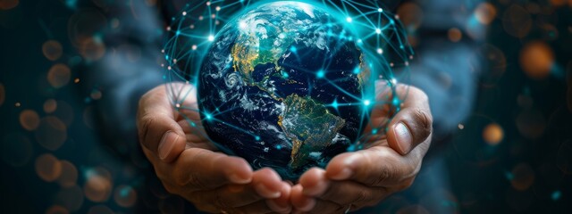 A pair of hands holding a digital globe protected by a GenAI-powered cybersecurity shield, symbolizing global cyber defense. - obrazy, fototapety, plakaty
