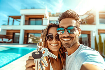 A young, cheerful couple takes a selfie with house keys, celebrating new homeownership in front of a modern house with a pool