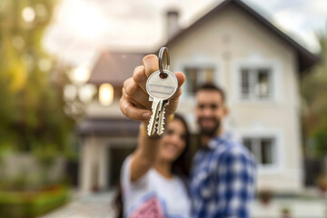 A happy couple stands in front of a new house, proudly holding up the keys to their new home, focus on keys