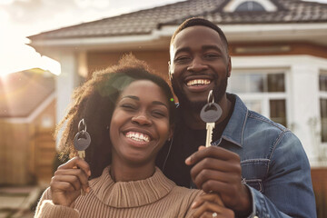 A joyful African American couple show off their new house keys with a smile, standing before their home