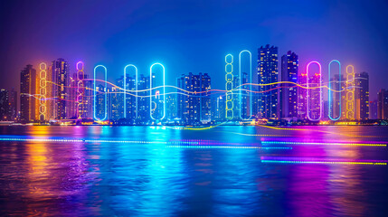 Modern City Skyline by Night, Urban Reflections on Water, Illuminated Architectural Beauty
