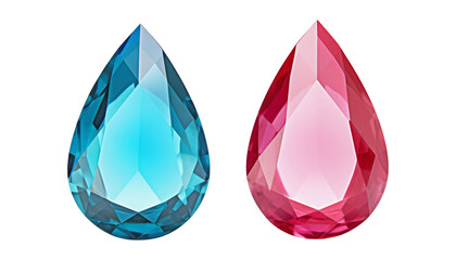 set of blue pink gems water drops isolated on transparent background cutout