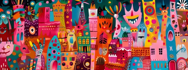 Cercles muraux Rouge A playful parade of whimsical creatures through a vibrant metropolis.