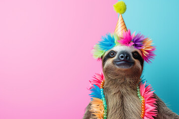 Obraz premium A colorful sloth wearing a party hat and a colorful flower garland. The sloth is smiling and looking at the camera