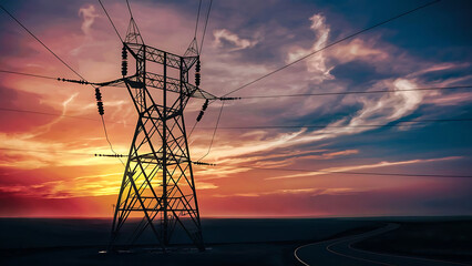 Silhouette of High voltage electric tower on sunset time background. Generative Ai