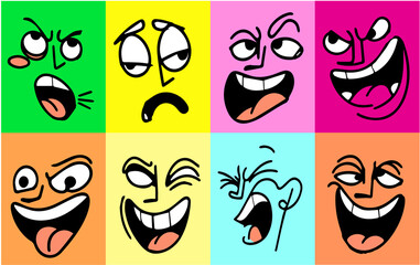 cute colorful cartoon faces . crazy geometric , funny cartoon faces