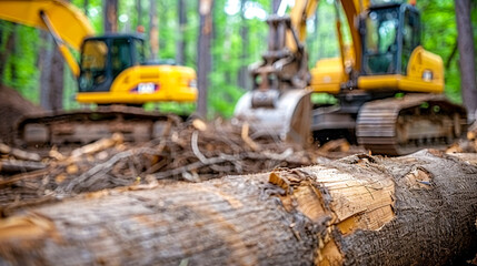 Fototapeta premium Heavy Machinery in Forestry, Bulldozer for Land Clearing, Yellow Excavator at Work, Industrial Site