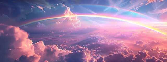 A rainbow bridge connecting two cloud cities in the sky.