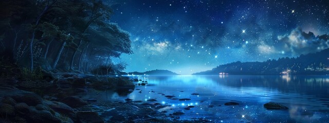 A secret cove where the stars reflect on the water's surface, doubling the night sky. - obrazy, fototapety, plakaty