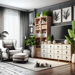 New living room interior with a comfortable armchair, chest of drawers, screen and indoor plants, a pencil black and white sketch in one part of the screen turns into real volumetric furniture in anot