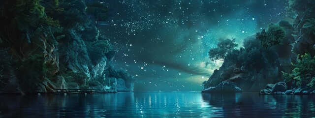 A secret cove where the stars reflect on the water's surface, doubling the night sky.