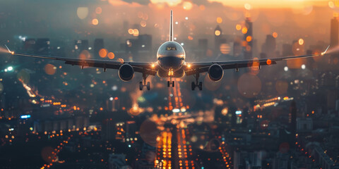  airplane flying over the city, with blurred lights in background, travel and business journey concept. Airplane on air flight with urban skyline at sunset