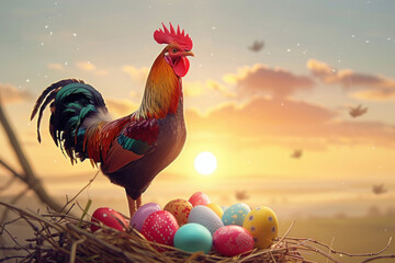 Majestic Sunrise Rooster Greeting Scene, Easter time, Spring is coming,  Cute design - obrazy, fototapety, plakaty