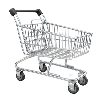 Empty, silver, shopping trolley isolated on transparent background. Retail customer, supermarket cart for carrying product purchase.