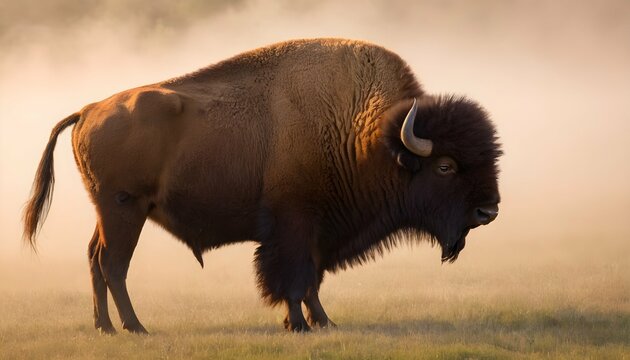 A Bison Bellowing In The Early Morning Mist