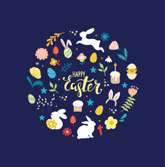 Awesome happy easter card in vector. Funny rabbits and spring flowers with hearts. Stylish holiday background in popular style.Vector illustration.