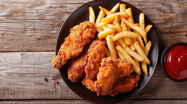 A plate of crispy fried chicken tenders and french fries on a rustic wooden table, reminiscent of a cozy home kitchen