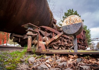 Closeup of old aged rusty locomotive tracks outdoors
