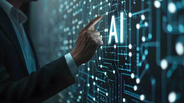 Businessman pointing in to word “AI”, artificial Intelligence new technology that uses data to work in place of humans helps increase speed and efficiency in work