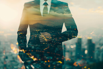 Leader or confident businessman hands on his waist in a silhouette double exposure. in the background is view of city. stylish in the style of double exposure - obrazy, fototapety, plakaty