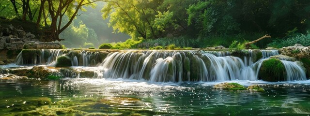 A serene, forest waterfall with crystal-clear water cascading down.