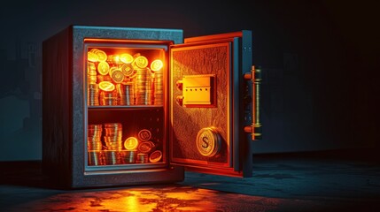 An open safe box glowing, with stacks of coins and banknotes inside, against a dark background with copy space to the right