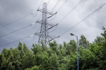 Obraz premium Low angle of electricity pylon and power lines behind green trees