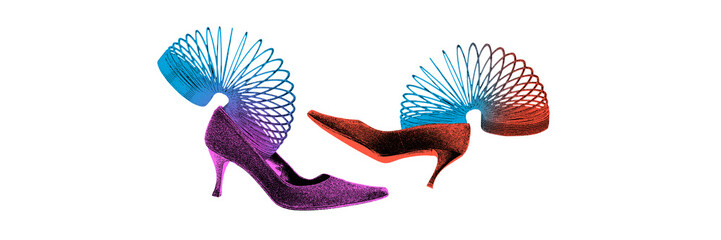 Two high-heeled shoes with extended spiral s in purple and red colors. Contemporary art collage....