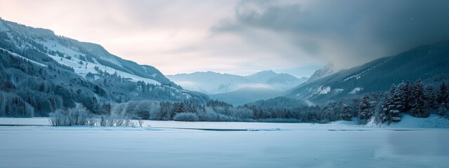 A serene, snowy mountain landscape under a soft, winter sky.