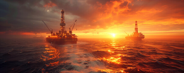 Offshore oil rigs stand against dramatic backdrop of fiery sunset over ocean. Water reflects intense orange of sky highlighting industrial silhouette of rigs amidst turbulent sea - obrazy, fototapety, plakaty