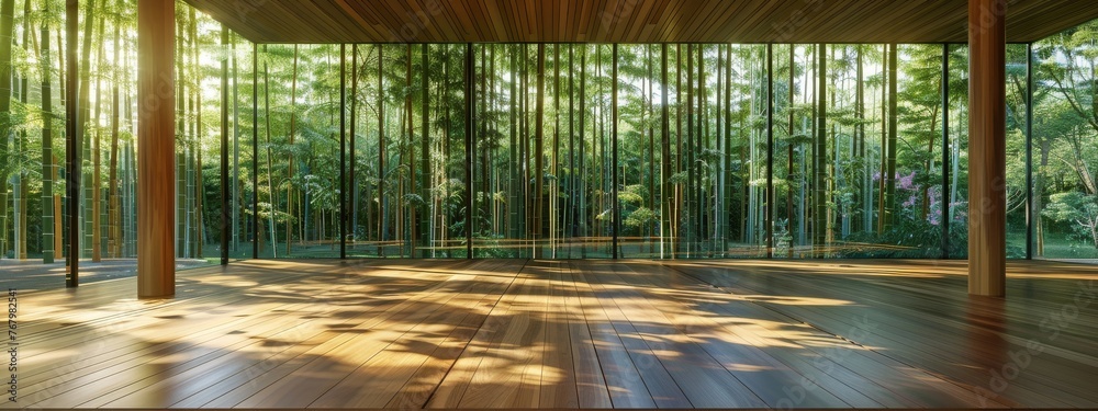 Wall mural a serene yoga studio with floor-to-ceiling windows overlooking a bamboo forest.