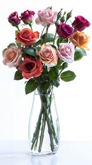 Colorful rose Bouquet in Glass Vase