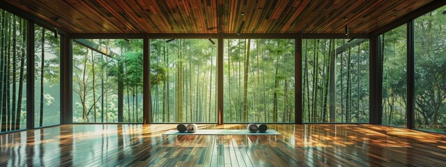 A serene yoga studio with floor-to-ceiling windows overlooking a bamboo forest.