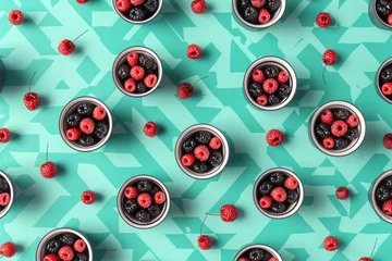  Fresh summer harvest of cherries and blueberries displayed in colorful bowls on a turquoise background © SHOTPRIME STUDIO