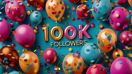 100K FOLLOWERS text with balloons and confetti background