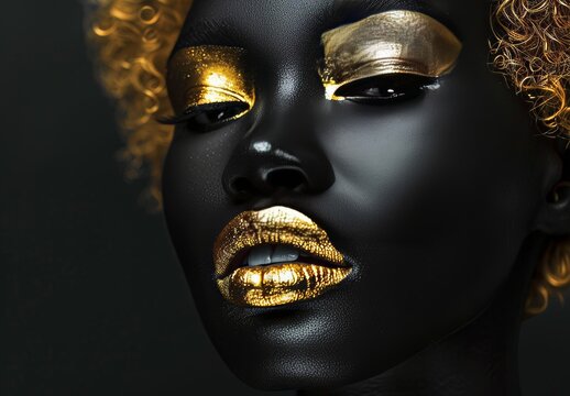 Black woman with golden hair, lips, eyebrows and eyes, picture of her face on a black background