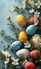 Spring easter background with painted eggs and flowers