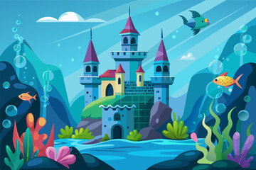 underwater mermaid castle with three towers  