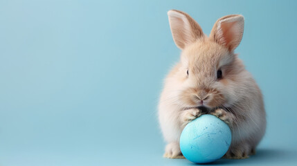 Rabbit with blue egg on blue background, happy Easter - 767982769