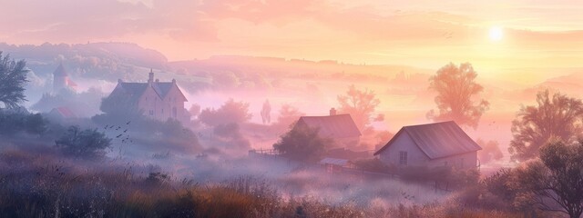 A soft, pastel sunrise over a peaceful village in the countryside.