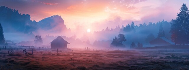 A soft, pastel sunrise over a peaceful village in the countryside.