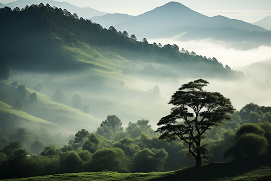 Scenic panorama showcasing rolling hills, majestic mountains, fog and towering trees