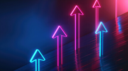 Neon arrows point upward at an angle. Blue and pink arrows on a dark background. Neon day. Neon party. Copy space. Blurred background