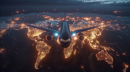 A commercial airplane flying over illuminated global maps at night.